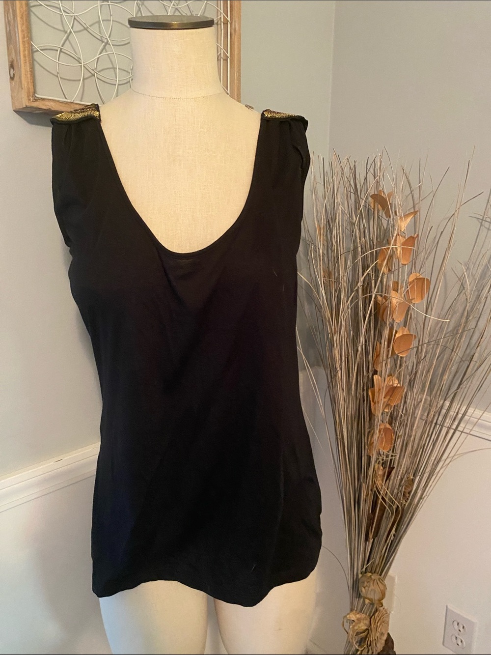 Kardashian Kollection Black Sleeveless Blouse w Gold Jeweled Detail - size Mediu